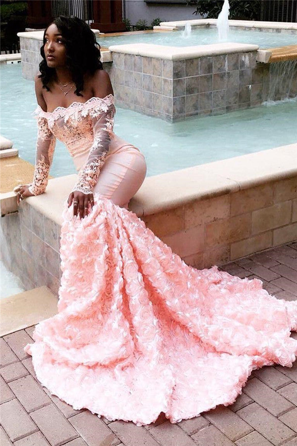 Amazing Pink Off-the-shoulder Appliques Mermaid Long Prom Dress Hover Image