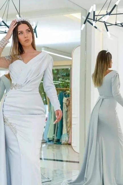 Amazing Silver Long Lace Beading Mermaid Evening Dresses With Long Sleeves by misshow.com