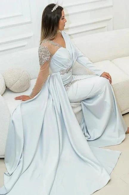 Amazing Silver Long Lace Beading Mermaid Evening Dresses With Long Sleeves by misshow.com
