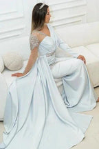 Amazing Silver Long Lace Beading Mermaid Evening Dresses With Long Sleeves by misshow.com