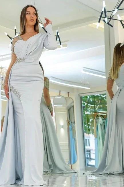 Amazing Silver Long Lace Beading Mermaid Evening Dresses With Long Sleeves by misshow.com