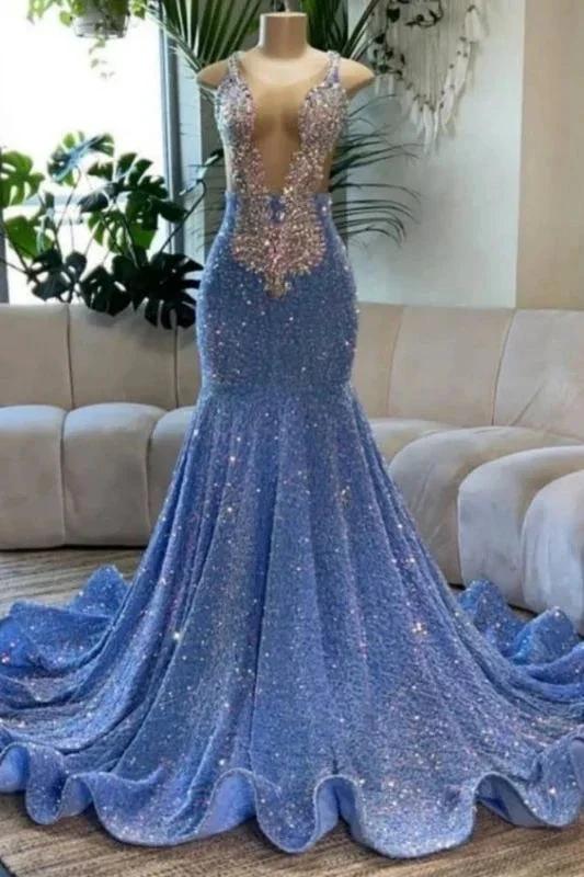 Amazing Sleeveless Glitter Mermaid Prom Dress Gold Crystals Slim Evening Gown by misshow.com