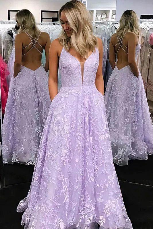 Amazing Spaghetti Straps Appliques Lace Tulle A-Line Prom Dress With Pockets by BIZTUNNEL
