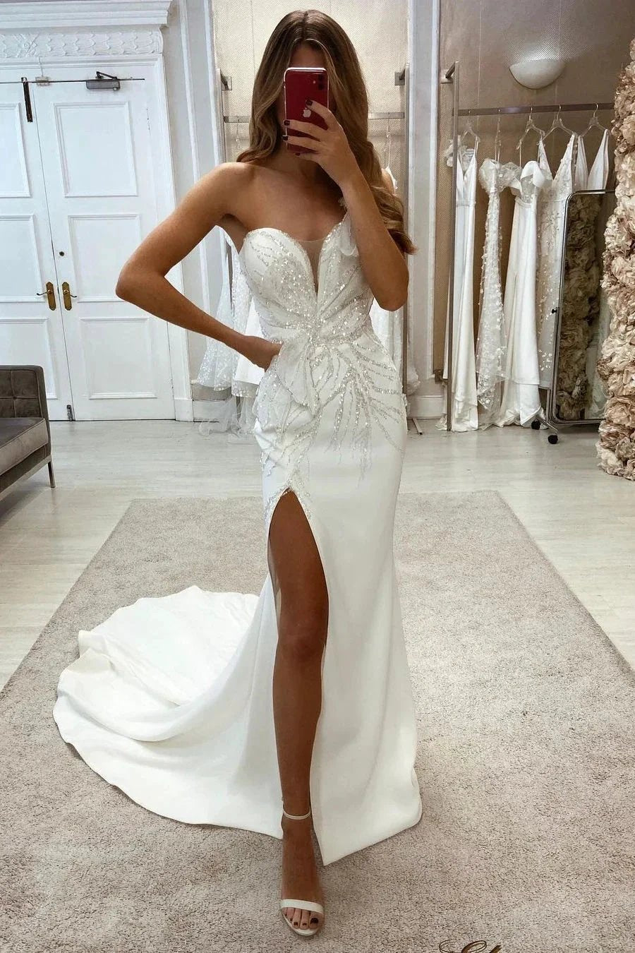 Amazing Sweetheart Sleeveless Sequined Lace Wedding Dress With Slit by misshow.com