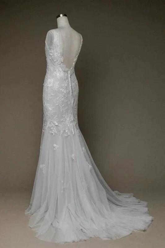 Amazing V-neck Appliques Mermaid Elegant Wedding Dresses by misshow.com