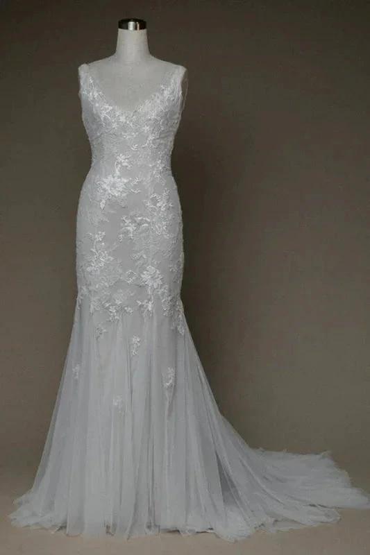 Amazing V-neck Appliques Mermaid Elegant Wedding Dresses by misshow.com