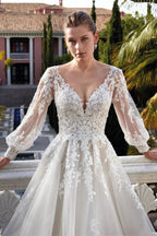 Amazing V-neck Backless Long Sleeves A-line Appliques Wedding Dress by misshow.com