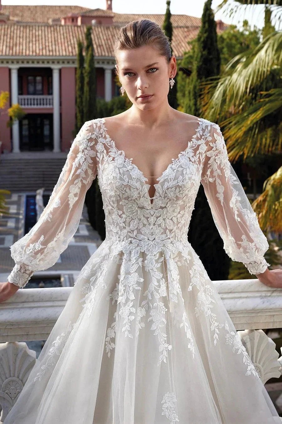 Amazing V-neck Backless Long Sleeves A-line Appliques Wedding Dress by misshow.com