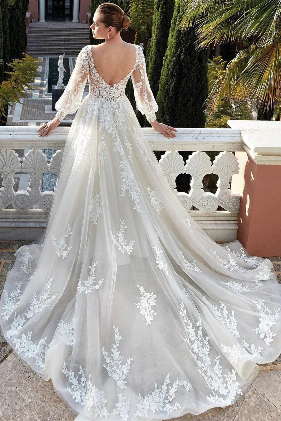 Amazing V-neck Backless Long Sleeves A-line Appliques Wedding Dress by misshow.com