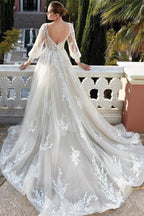 Amazing V-neck Backless Long Sleeves A-line Appliques Wedding Dress by misshow.com