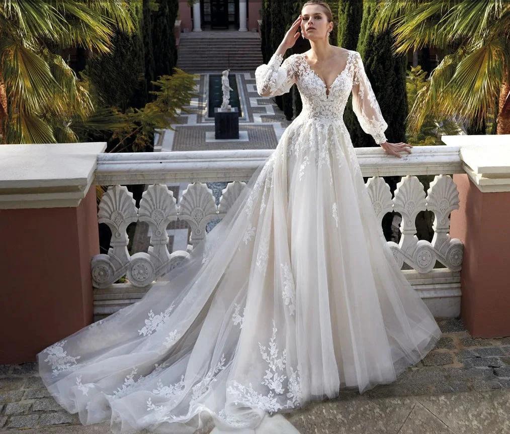 Amazing V-neck Backless Long Sleeves A-line Appliques Wedding Dress by misshow.com