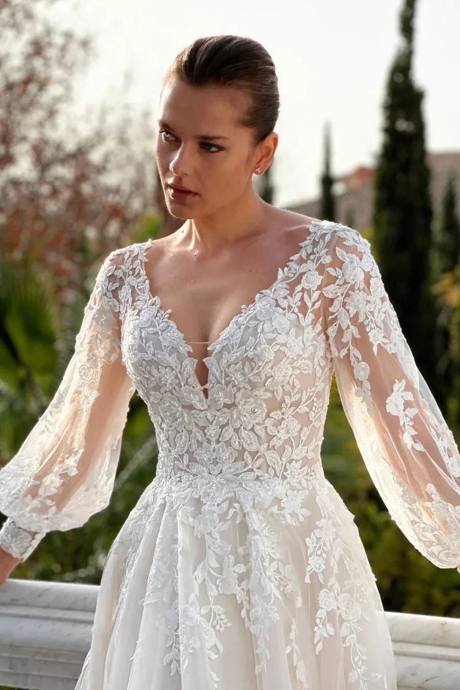 Amazing V-neck Backless Long Sleeves A-line Appliques Wedding Dress by misshow.com