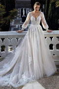 Amazing V-neck Backless Long Sleeves A-line Appliques Wedding Dress by misshow.com