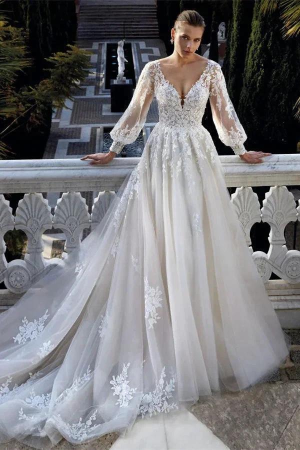 Amazing V-neck Backless Long Sleeves A-line Appliques Wedding Dress by misshow.com