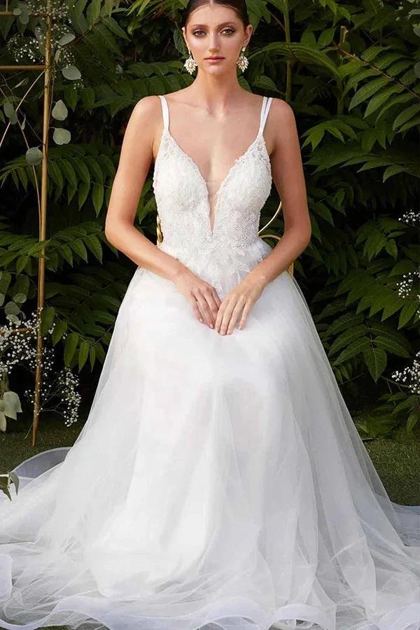 Amazing Wedding Dress Double V-Neck Tulle Designer Dress for Bride by misshow.com