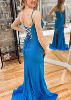 Amethystia | Mermaid Satin Beaded Red Prom Dress with Slit by KissProm