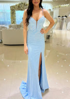 Amethystia | Mermaid Satin Beaded Red Prom Dress with Slit by KissProm