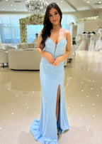Amethystia | Mermaid Satin Beaded Red Prom Dress with Slit by KissProm