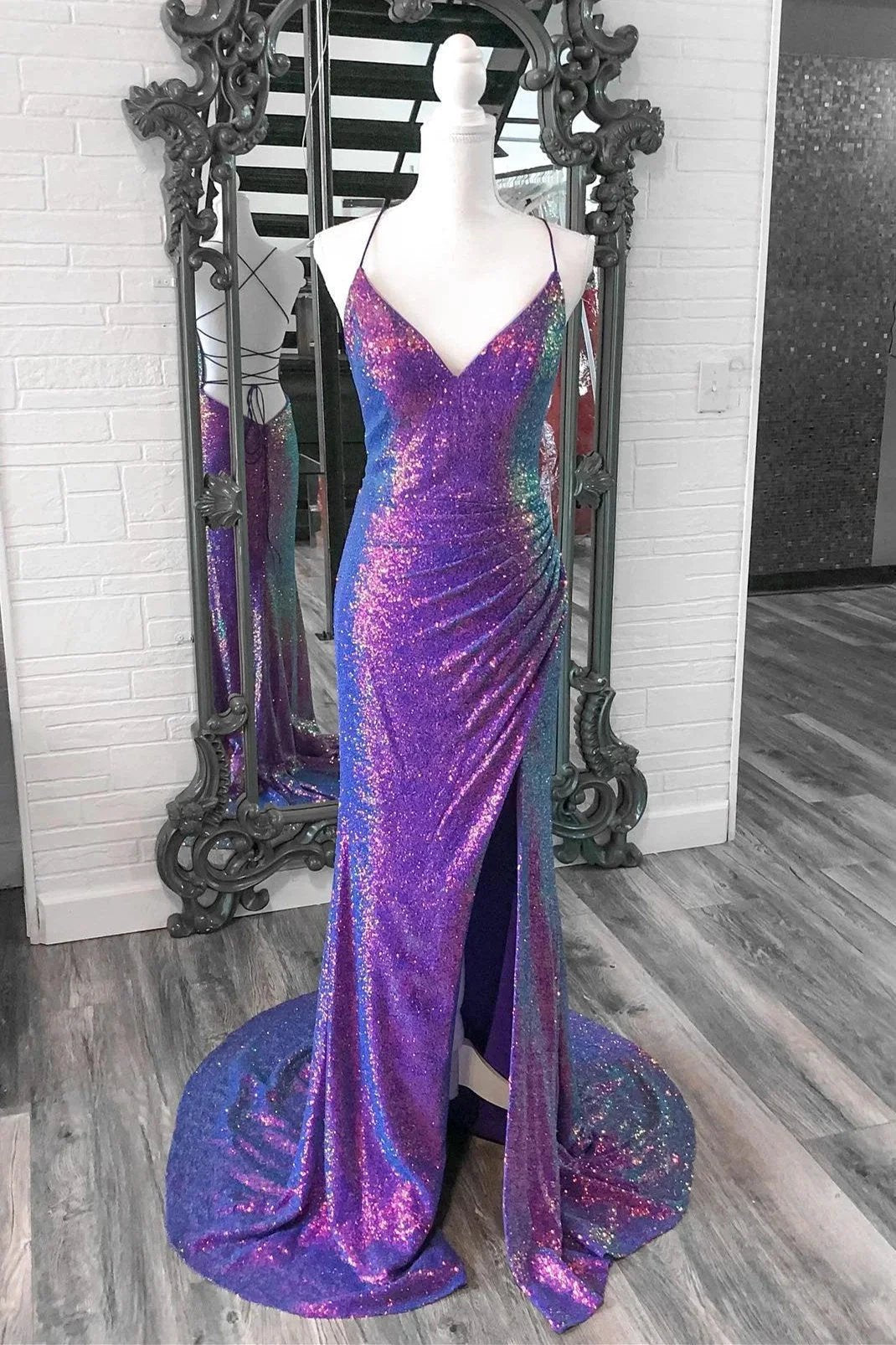 Anara | Purple Iridescent Sequins V Neck Lace-Up Mermaid Long Prom Dress with Slit by KissProm