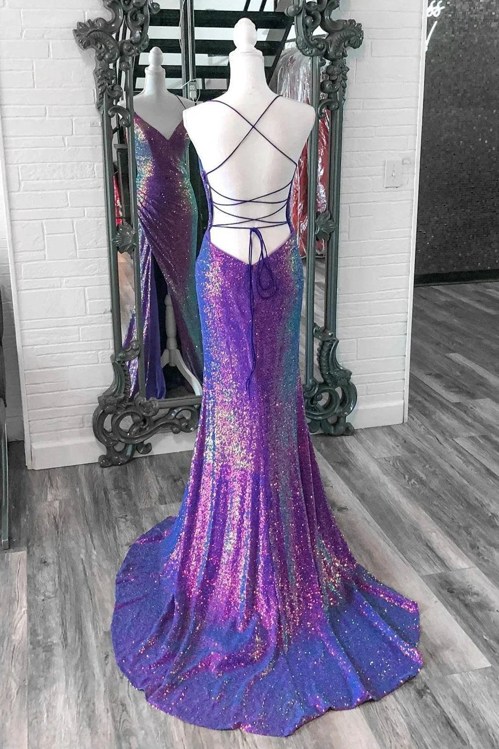 Anara | Purple Iridescent Sequins V Neck Lace-Up Mermaid Long Prom Dress with Slit by KissProm