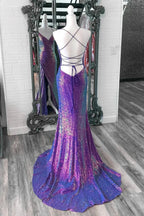 Anara | Purple Iridescent Sequins V Neck Lace-Up Mermaid Long Prom Dress with Slit by KissProm