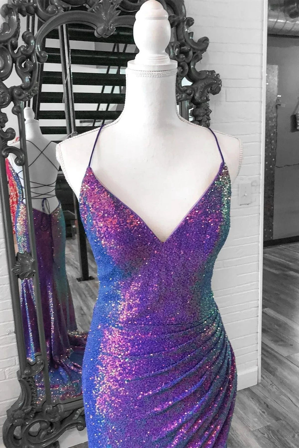 Anara | Purple Iridescent Sequins V Neck Lace-Up Mermaid Long Prom Dress with Slit by KissProm