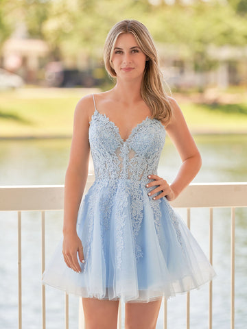 A-Linie Spaghettiträger Himmelblaues Homecoming-Kleid aus Spitze mit Applikationen