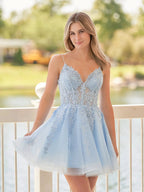 A-Line Spaghetti-Straps Sky Blue Lace Homecoming Dress With Appliques by KissProm