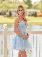 A-Line Spaghetti-Straps Sky Blue Lace Homecoming Dress With Appliques by KissProm