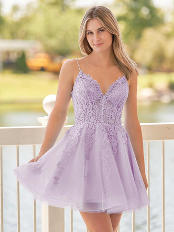 A-Linie Spaghettiträger Himmelblaues Homecoming-Kleid aus Spitze mit Applikationen