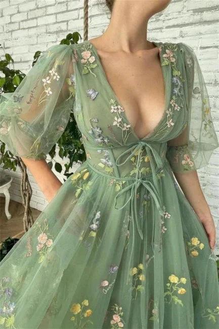 Ankle Length Green V-neck A-line Prom Dresses With Sleeves by misshow.com