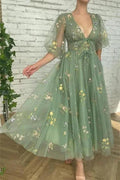 Ankle Length Green V-neck A-line Prom Dresses With Sleeves by misshow.com