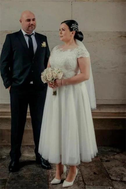 Ankle Length White Tulle Wedding Dress with Cap Sleeves by misshow.com