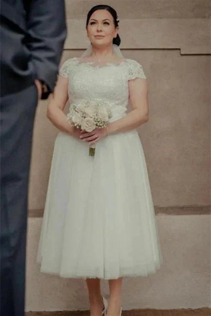 Ankle Length White Tulle Wedding Dress with Cap Sleeves by misshow.com