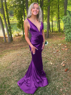 Anwea | Plunge Blue Satin Ruched Mermaid Prom Dress by KissProm