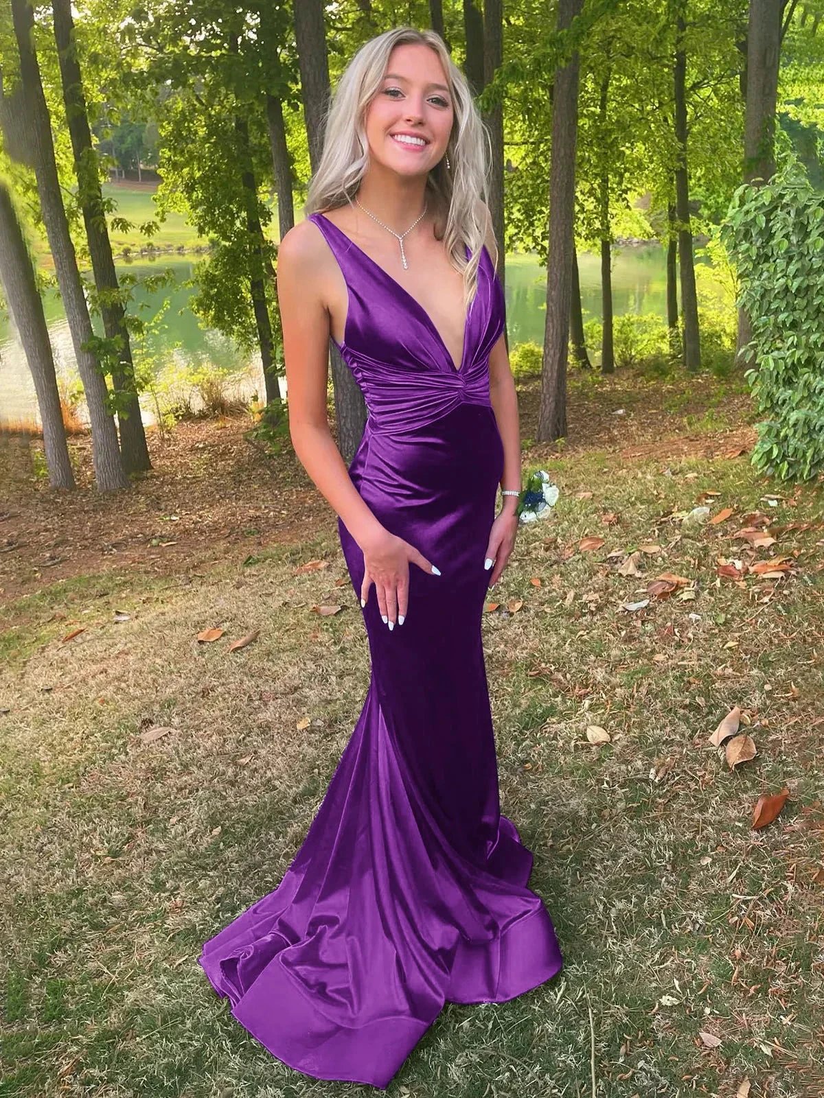 Anwea | Plunge Blue Satin Ruched Mermaid Prom Dress by KissProm