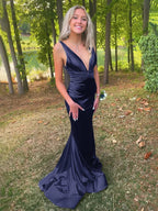Anwea | Plunge Blue Satin Ruched Mermaid Prom Dress by KissProm