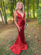 Anwea | Plunge Blue Satin Ruched Mermaid Prom Dress by KissProm