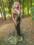 Anwea | Plunge Blue Satin Ruched Mermaid Prom Dress by KissProm