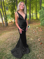 Anwea | Plunge Blue Satin Ruched Mermaid Prom Dress by KissProm
