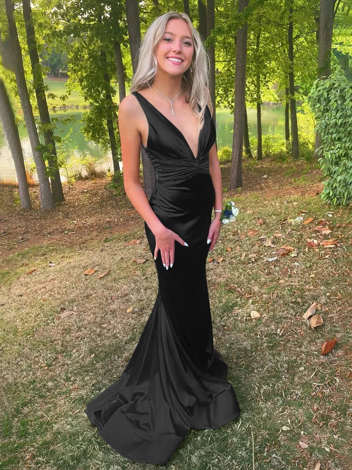 Anwea | Plunge Blue Satin Ruched Mermaid Prom Dress by KissProm