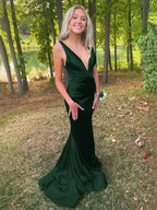 Anwea | Plunge Blue Satin Ruched Mermaid Prom Dress by KissProm