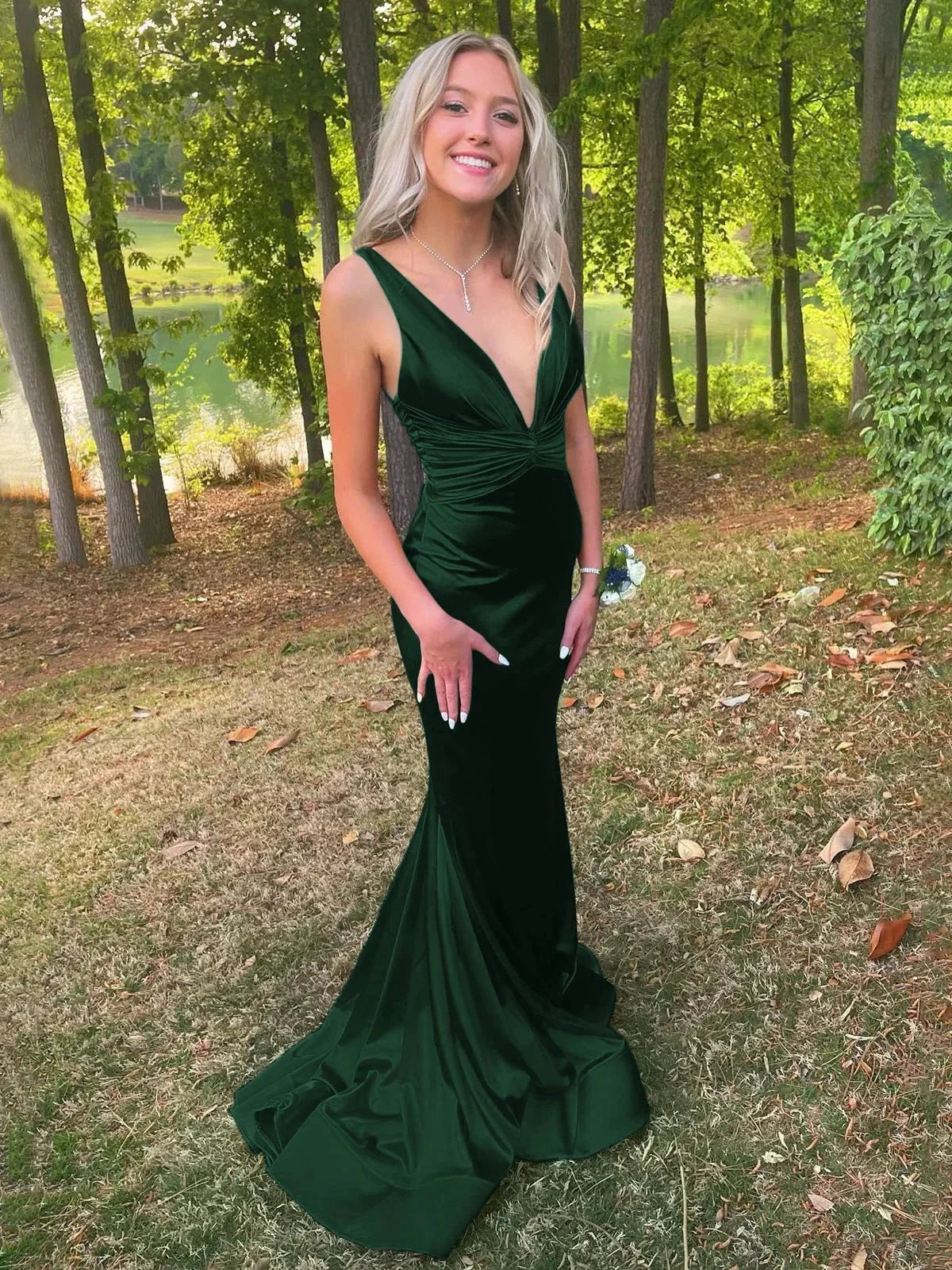 Anwea | Plunge Blue Satin Ruched Mermaid Prom Dress by KissProm