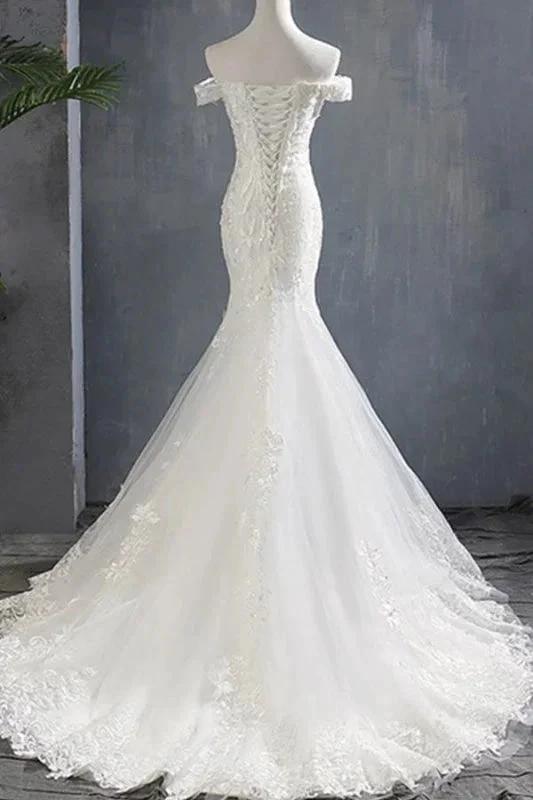 Applique Off Shoulder Lace-up Mermaid Elegant Wedding Dresses by misshow.com