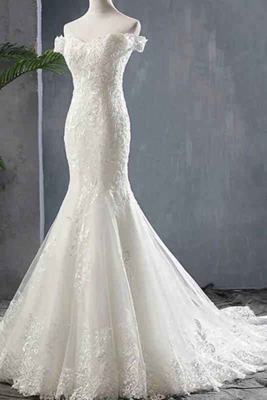 Applique Off Shoulder Lace-up Mermaid Elegant Wedding Dresses by misshow.com