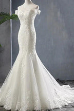 Applique Off Shoulder Lace-up Mermaid Elegant Wedding Dresses by misshow.com