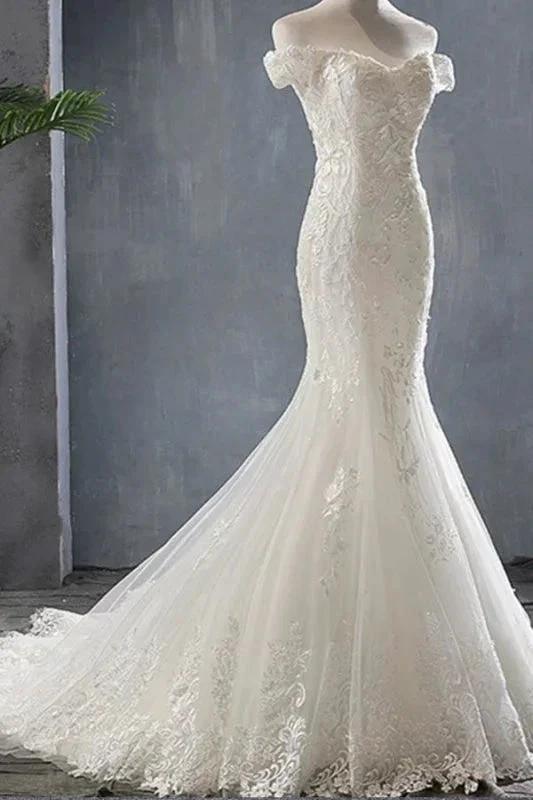 Applique Off Shoulder Lace-up Mermaid Elegant Wedding Dresses by misshow.com
