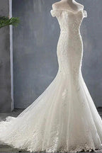 Applique Off Shoulder Lace-up Mermaid Elegant Wedding Dresses by misshow.com