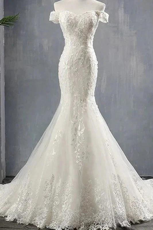 Applique Off Shoulder Lace-up Mermaid Elegant Wedding Dresses by misshow.com