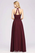 Appliques Halter Sleeveless Floor-Length Bridesmaid Dresses with Ruffles A-line Chiffon Evening Maxi Dress by misshow.com